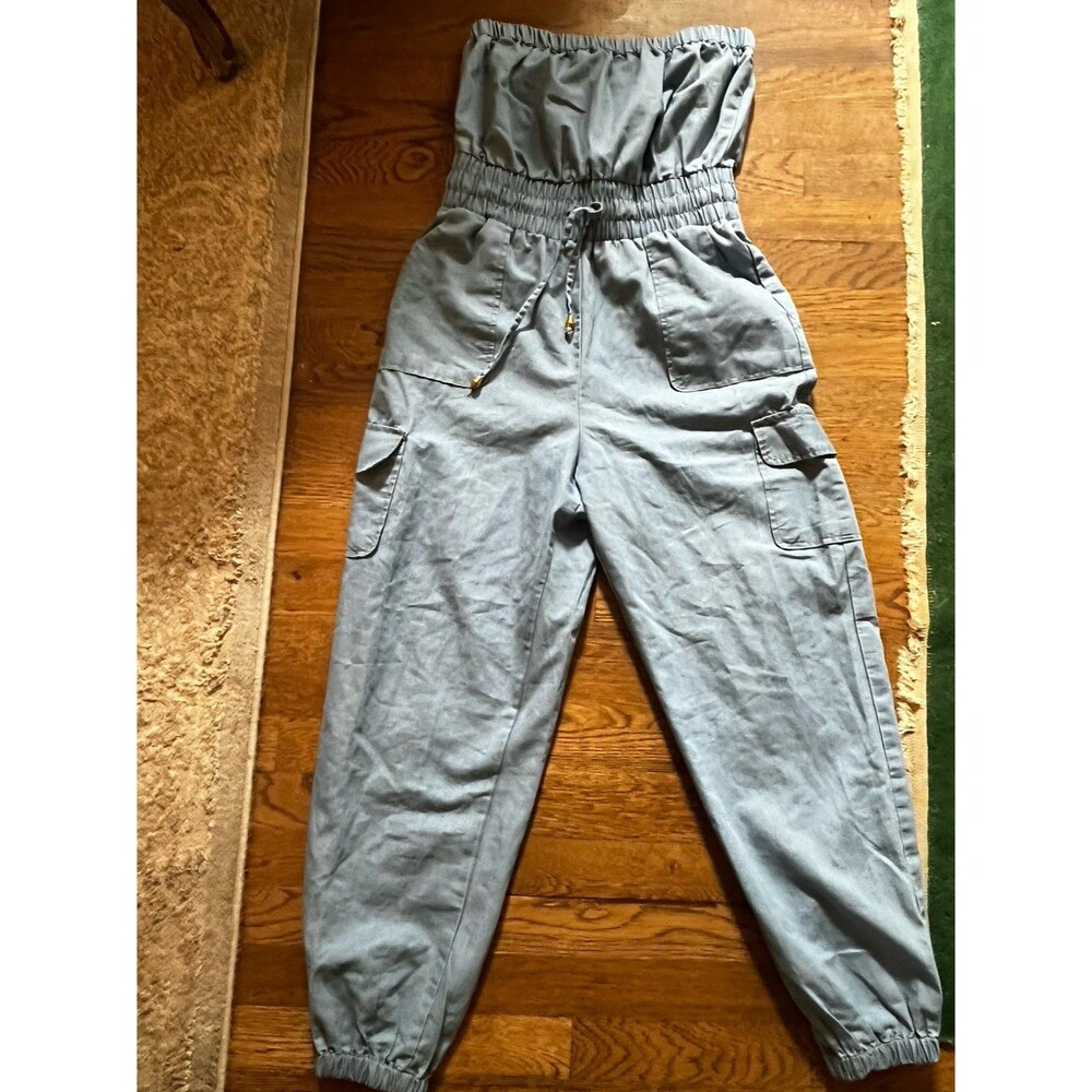 Strapless Romper Jumpsuit Chambray Denim look One piece! Sz M Blue